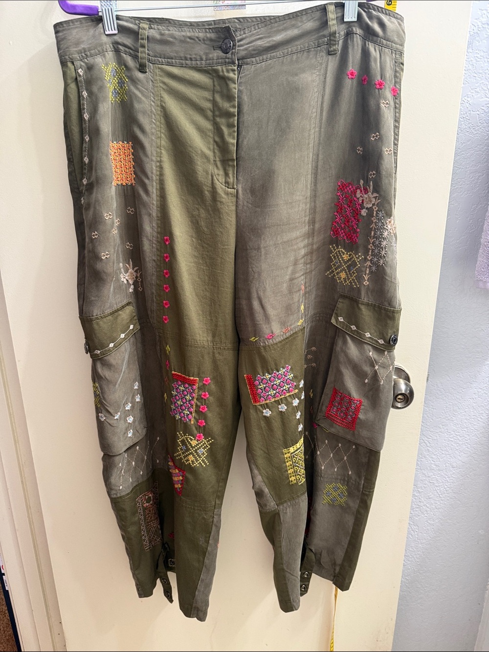 Johnny Was Olive Green Embroidered Wide Leg Cargo Pants by Biya